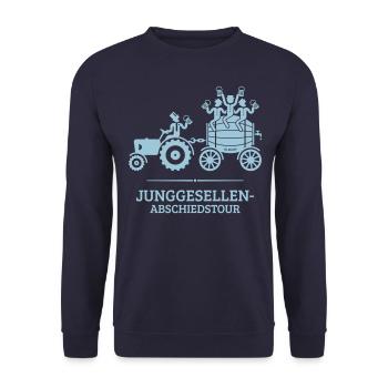 Junggesellen-Abschiedstour Trecker Bierfass JGA W - Unisex Pullover - Navy - Vorne - Alina (178cm) & Michal (187cm)
