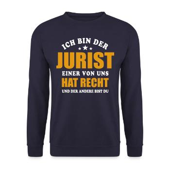 Ich bin der Jurist - einer von uns hat Recht - Unisex Pullover - Navy - Vorne - Alina (178cm) & Michal (187cm)