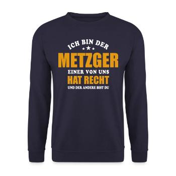 Ich bin der Metzger - einer von uns hat Recht - Unisex Pullover - Navy - Vorne - Alina (178cm) & Michal (187cm)