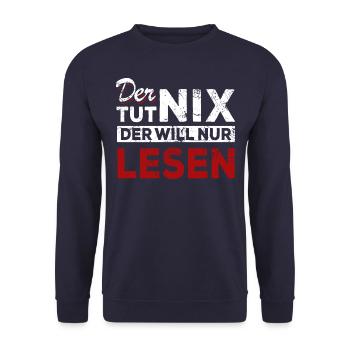 Der tut nix der will nur lesen - Spruch - Unisex Pullover - Navy - Vorne - Alina (178cm) & Michal (187cm)