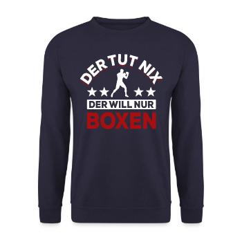 Der tut nix der will nur boxen - Boxer Spruch - Unisex Pullover - Navy - Vorne - Alina (178cm) & Michal (187cm)