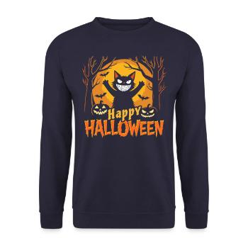Happy Halloween Katze - Gruselig grinsen - Unisex Pullover - Navy - Vorne - Alina (178cm) & Michal (187cm)