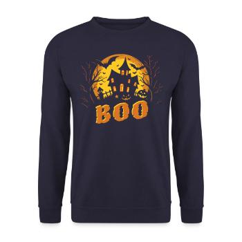 Halloween Geisterhaus - gruselig - Boo - Unisex Pullover - Navy - Vorne - Alina (178cm) & Michal (187cm)