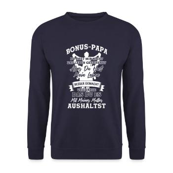 Bonus Papa Sprüche - Unisex Pullover - Navy - Vorne - Alina (178cm) & Michal (187cm)