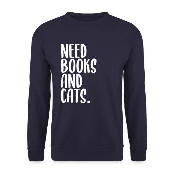 Bücher und Katzen Spruch - Unisex Pullover - Navy - Vorne - Alina (178cm) & Michal (187cm)