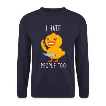 Ente mit Messer Ich hasse Menschen - Unisex Pullover - Navy - Vorne - Alina (178cm) & Michal (187cm)