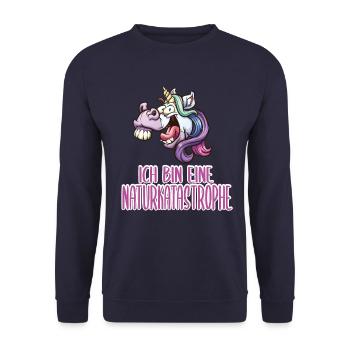 Lustiger Spruch Einhorn Katastrophe - Unisex Pullover - Navy - Vorne - Alina (178cm) & Michal (187cm)