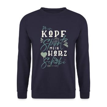 Mein Kopf sagt Sport mein Herz sag Schoki - Unisex Pullover - Navy - Vorne - Alina (178cm) & Michal (187cm)