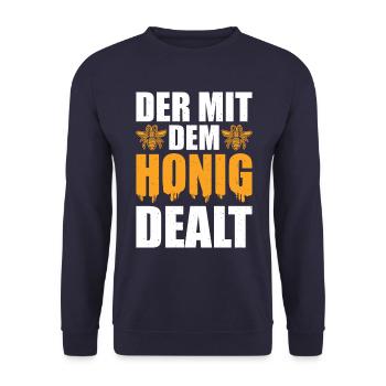 Der mit dem Honig dealt Lustiges Imker - Unisex Pullover - Navy - Vorne - Alina (178cm) & Michal (187cm)