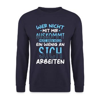 Lustiger Spruch Wer nicht mit mir Auskommt - Unisex Pullover - Navy - Vorne - Alina (178cm) & Michal (187cm)