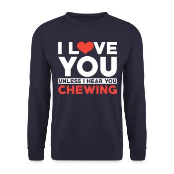 Misophonie Spruch Kauen - Unisex Pullover - Navy - Vorne - Alina (178cm) & Michal (187cm)