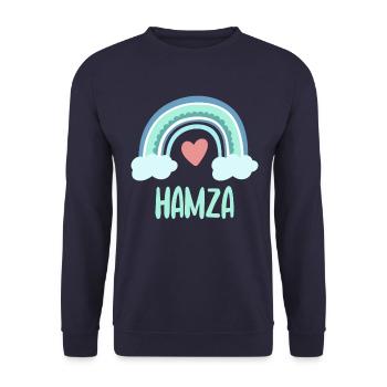 Hamza Name Regenbogen Baby - Unisex Pullover - Navy - Vorne - Alina (178cm) & Michal (187cm)