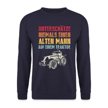 Unterschätze niemals einen alten Mann Traktor - Unisex Pullover - Navy - Vorne - Alina (178cm) & Michal (187cm)