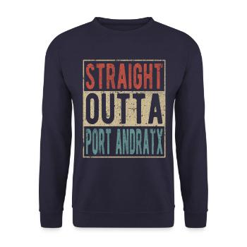 Straight Outta Port Andratx Spruch - Unisex Pullover - Navy - Vorne - Alina (178cm) & Michal (187cm)