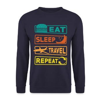 Reisen Urlaub Spruch Eat Sleep Travel Repeat - Unisex Pullover - Navy - Vorne - Alina (178cm) & Michal (187cm)