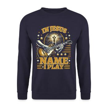 In Jesu Namen spiele ich Gitarre Christlicher Gitarrist - Unisex Pullover - Navy - Vorne - Alina (178cm) & Michal (187cm)