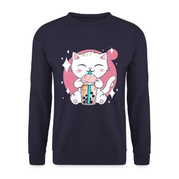 Kawaii Bubble Tea Katze Boba Milch - Unisex Pullover - Navy - Vorne - Alina (178cm) & Michal (187cm)