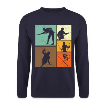 Billard-Retro-Vintage-Billardspieler-Grafik - Unisex Pullover - Navy - Vorne - Alina (178cm) & Michal (187cm)