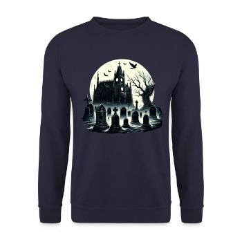 Rätselhafter gotischer Friedhof: Nebliges Mondlicht - Unisex Pullover - Navy - Vorne - Alina (178cm) & Michal (187cm)