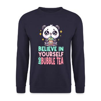 Kawaii Panda Bubble Tea Boba Drink Milchtee Asiatisch - Unisex Pullover - Navy - Vorne - Alina (178cm) & Michal (187cm)