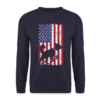 Deutsch Kurzhaar Hund mit USA Flagge - Unisex Pullover - Navy - Vorne - Alina (178cm) & Michal (187cm)