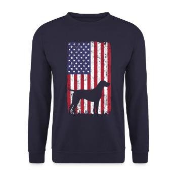 Deutsch Kurzhaar Hund mit USA Flagge - Unisex Pullover - Navy - Vorne - Alina (178cm) & Michal (187cm)