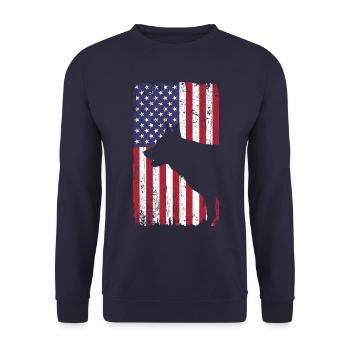 Deutscher Schäferhund Hund mit USA Flagge - Unisex Pullover - Navy - Vorne - Alina (178cm) & Michal (187cm)