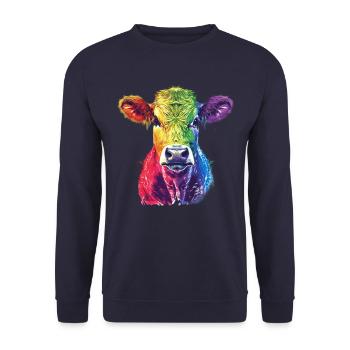 Bunte Regenbogen-Kuh Kunstwerk - Unisex Pullover - Navy - Vorne - Alina (178cm) & Michal (187cm)