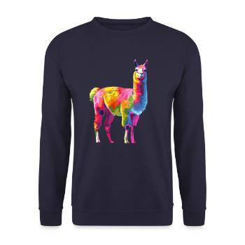 Lama Alpaka Regenbogen Kunstwerk - Unisex Pullover - Navy - Vorne - Alina (178cm) & Michal (187cm)