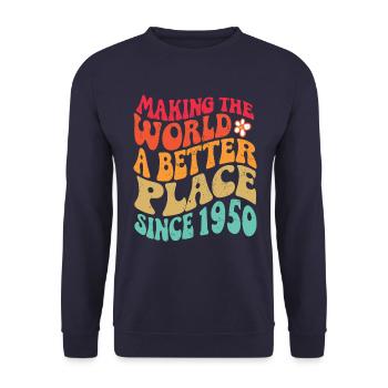 1950 Geburtstag Vintage Hippie Groovy - Unisex Pullover - Navy - Vorne - Alina (178cm) & Michal (187cm)