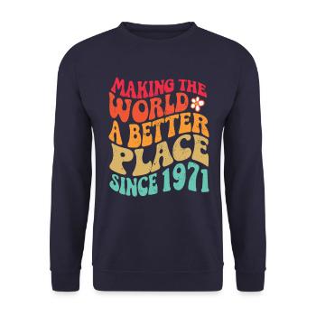 1971 Geburtstag Vintage Hippie Groovy - Unisex Pullover - Navy - Vorne - Alina (178cm) & Michal (187cm)