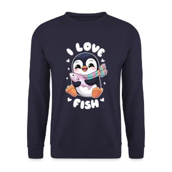 Mignon pingouin kawaii amateur de poissons - J’adore - Sweat-shirt Unisexe - marine - Devant - Alina (178cm) & Michal (187cm)