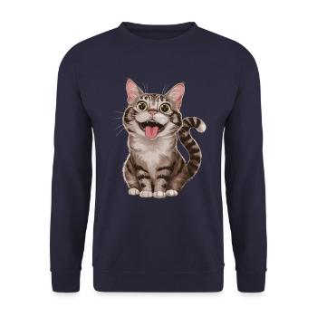 Fröhliche Getigerte Katze Mit Weit Geöffneten - Unisex Pullover - Navy - Vorne - Alina (178cm) & Michal (187cm)