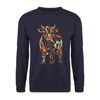 Geometrische Bauernhoftier Grafik Bunte Kuh - Unisex Pullover - Navy - Vorne - Alina (178cm) & Michal (187cm)