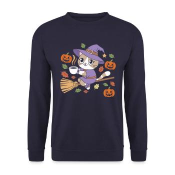 Chat mignon d’Halloween avec chapeau de sorcière et citrouilles - Sweat-shirt Unisexe - marine - Devant - Alina (178cm) & Michal (187cm)