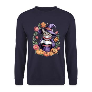 Chat sorcière Halloween avec des citrouilles et des fleurs - Sweat-shirt Unisexe - marine - Devant - Alina (178cm) & Michal (187cm)