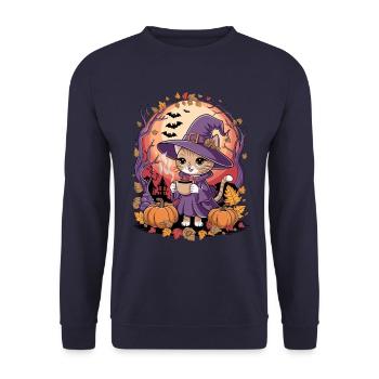 Cute Halloween Cat in Witch Costume - Unisex Sweatshirt - navy - Front - Alina (178cm) & Michal (187cm)