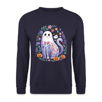 Chat mignon d'Halloween avec des citrouilles et des fleurs - Sweat-shirt Unisexe - marine - Devant - Alina (178cm) & Michal (187cm)