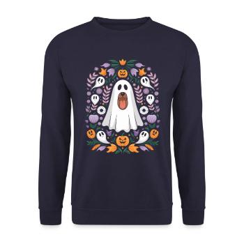 Fantôme de chien d'Halloween avec citrouilles et fleurs - Sweat-shirt Unisexe - marine - Devant - Alina (178cm) & Michal (187cm)