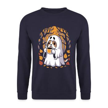 Süßer Halloween-Geist im Herbstwald - Unisex Pullover - Navy - Vorne - Alina (178cm) & Michal (187cm)
