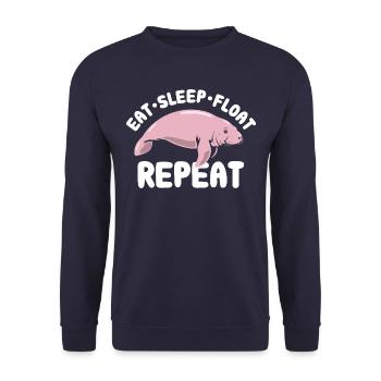 Eat Sleep Float Repeat - Manatee Spruch - Unisex Pullover - Navy - Vorne - Alina (178cm) & Michal (187cm)