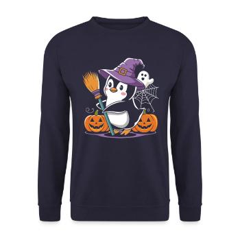 Penguin Halloween Witch with Pumpkins and Ghosts - Unisex Sweatshirt - navy - Front - Alina (178cm) & Michal (187cm)