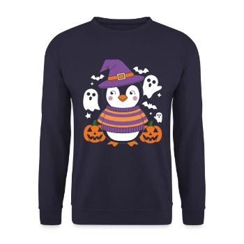 Pinguin Halloween mit Kürbissen und Geistern - Unisex Pullover - Navy - Vorne - Alina (178cm) & Michal (187cm)