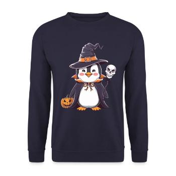 Pingouin Halloween Sorcier avec citrouille et - Sweat-shirt Unisexe - marine - Devant - Alina (178cm) & Michal (187cm)
