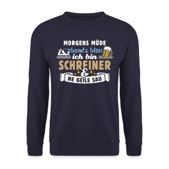 Morgens müde abends blau - Schreiner - Unisex Pullover - Navy - Vorne - Alina (178cm) & Michal (187cm)