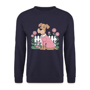 Cottagecore Hund im Blumengarten - Unisex Pullover - Navy - Vorne - Alina (178cm) & Michal (187cm)