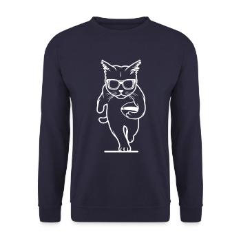 Cat wearing sunglasses and running with football - Unisex Sweatshirt - navy - Front - Alina (178cm) & Michal (187cm)