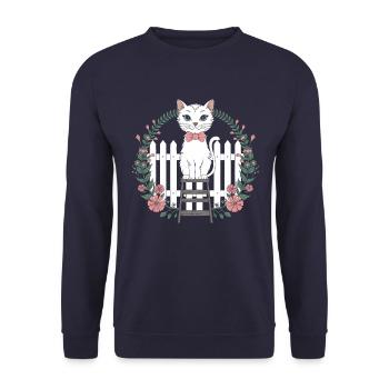 Cottagecore Katze mit Blumen und Zaun - Unisex Pullover - Navy - Vorne - Alina (178cm) & Michal (187cm)