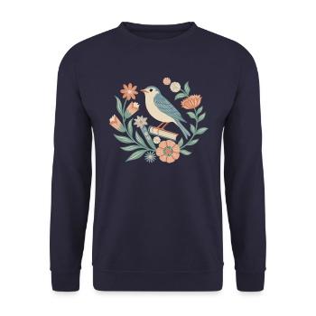 Vogel Und Blumen Im Cottagecore Stil - Unisex Pullover - Navy - Vorne - Alina (178cm) & Michal (187cm)