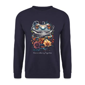 Zuhause ist, wo mein Frosch lebt... - Unisex Pullover - Navy - Vorne - Alina (178cm) & Michal (187cm)